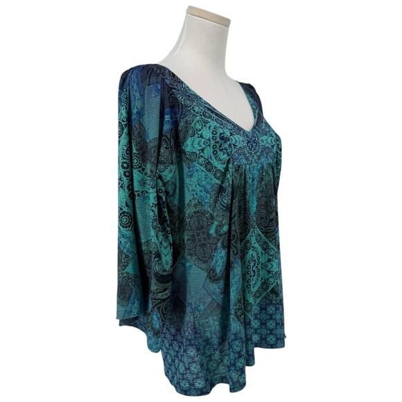 Y2K VTG oneworld Babydoll Rhinestone Boho Blouse Turquoise Print L - Picture 2 of 7